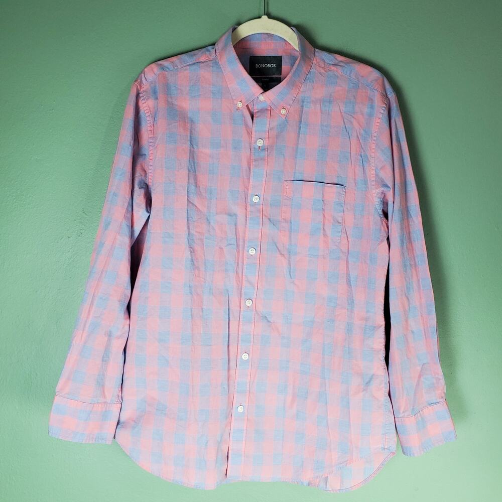 Bonobos Mens Slim Fit Pink Blue Plaid Long Sleeve Button Down Shirt Size Large